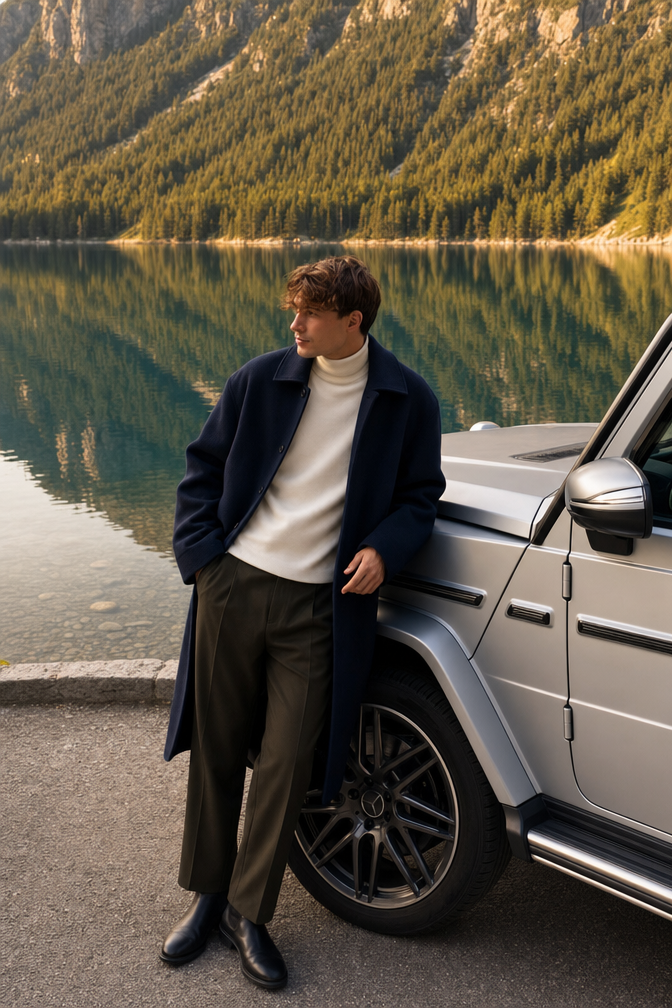 Golden-hour lake luxury menswear