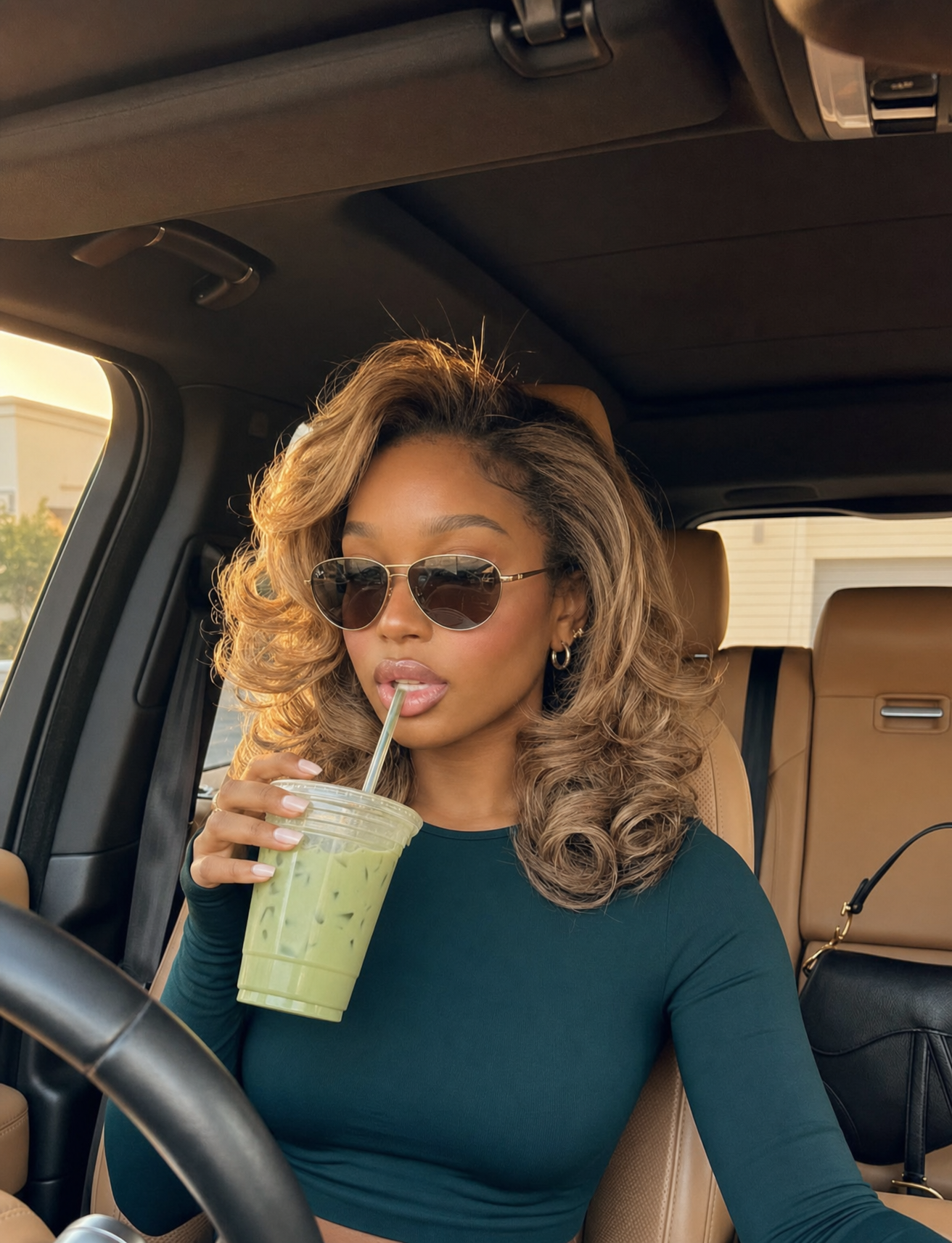 Golden-hour Matcha Sips in Luxury SUV