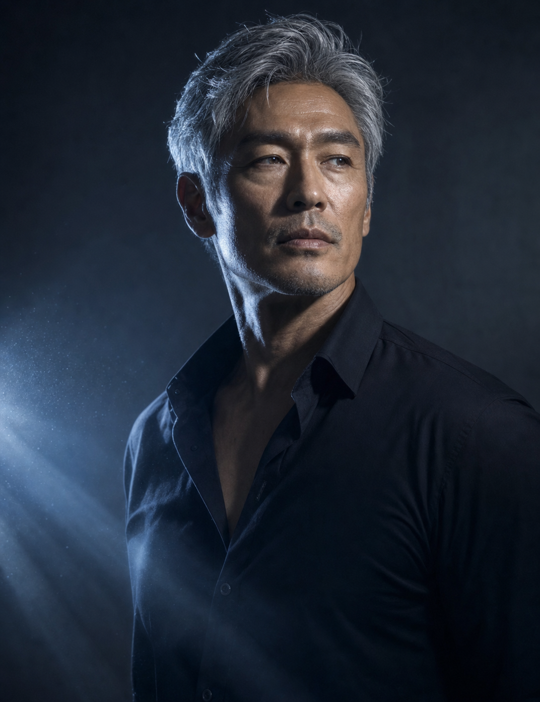 Silver-Haired Man in Ethereal Blue Light