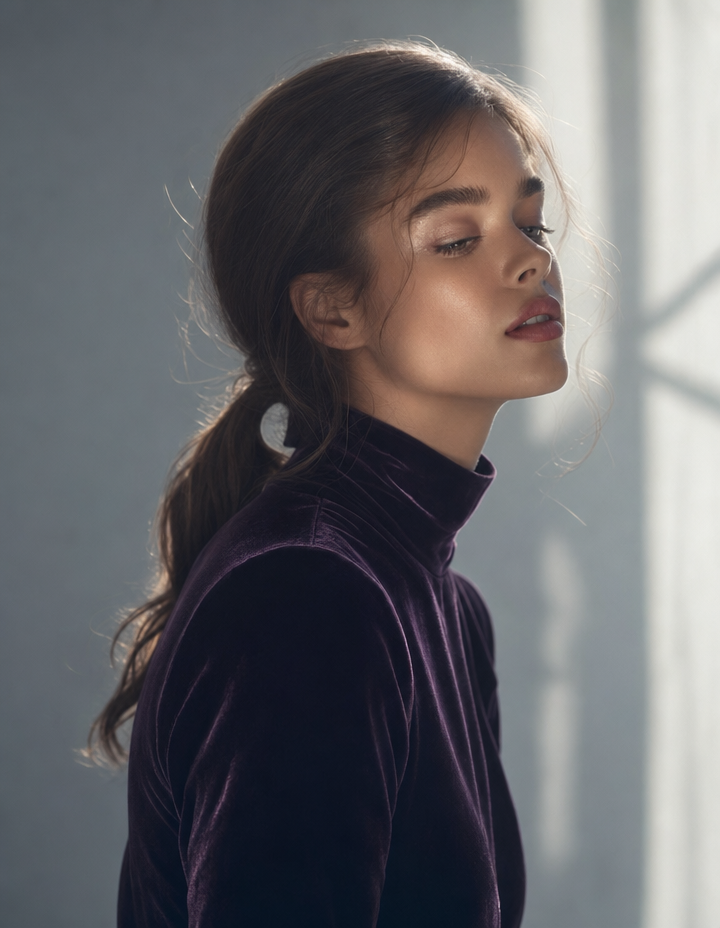 Introspective editorial portrait in cool silver light
