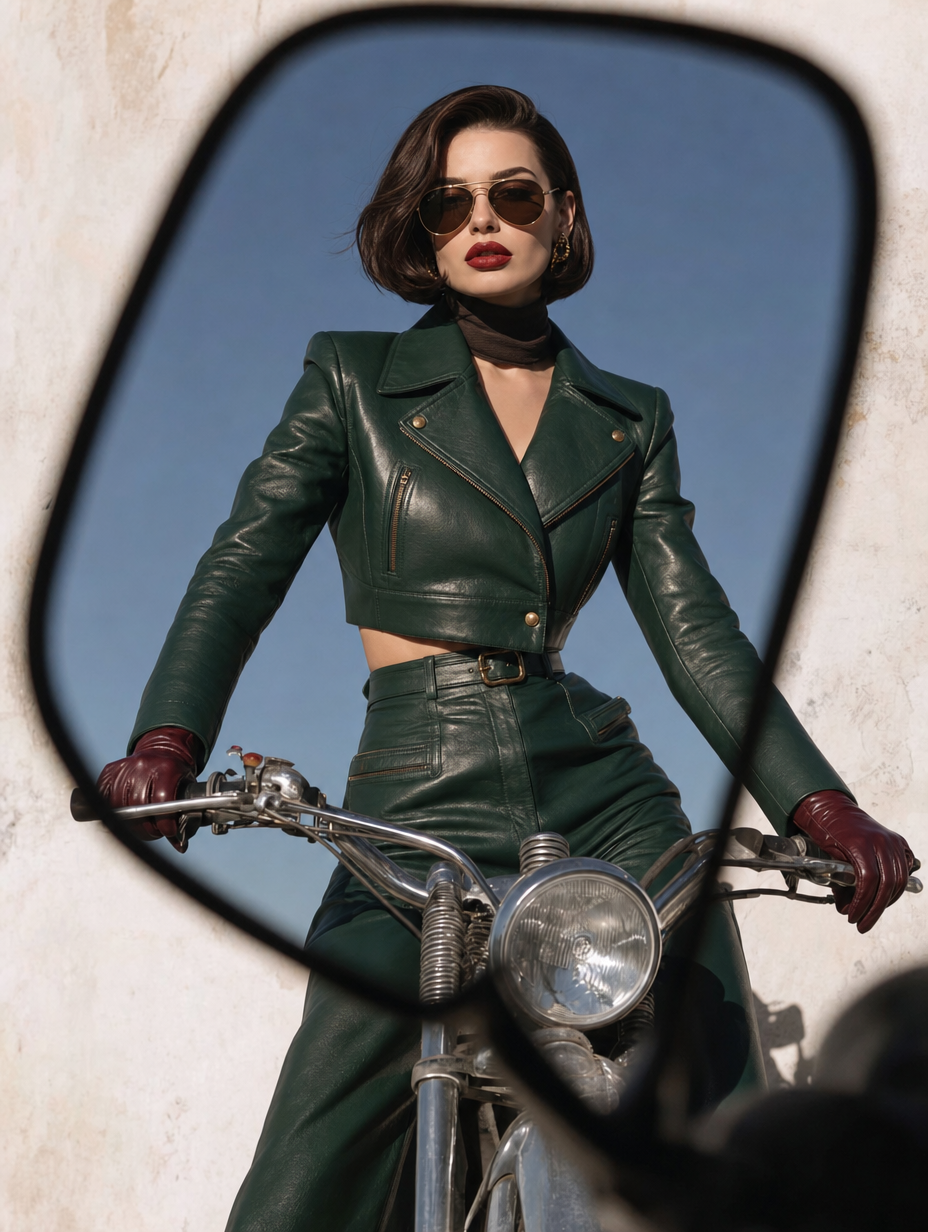 Golden-hour Rider in Emerald Suit