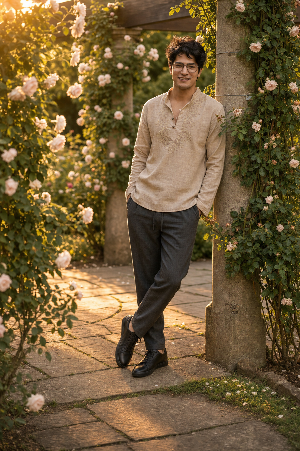 Golden-hour Rose Garden Editorial Portrait