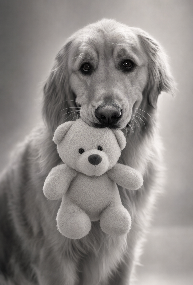 Golden Retriever Holding Round Teddy Plush Toy