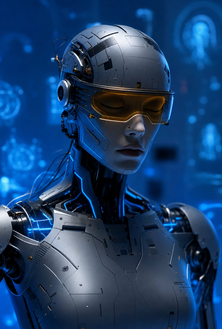 Graphite Robot Portrait in Cyan Glow