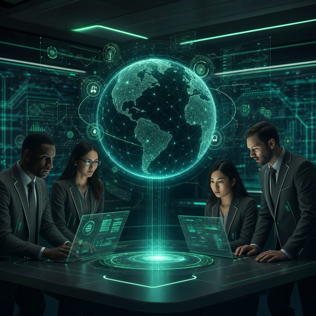 Green Neon Command Room With Hologlobe