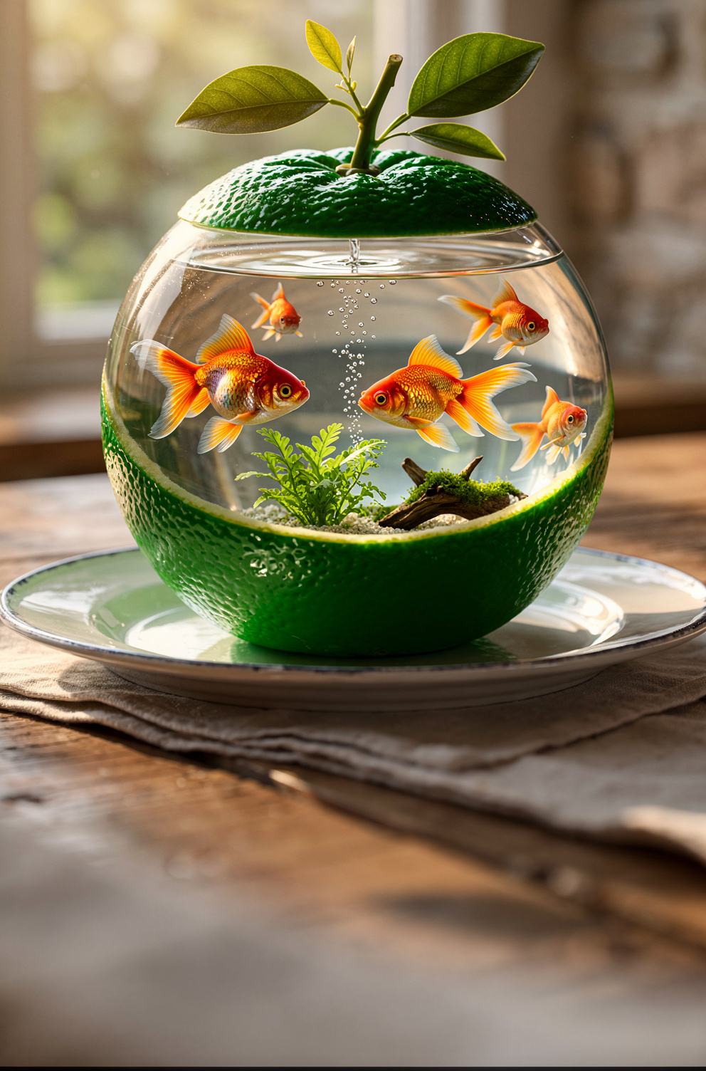 Green Orange Aquarium With Goldfish