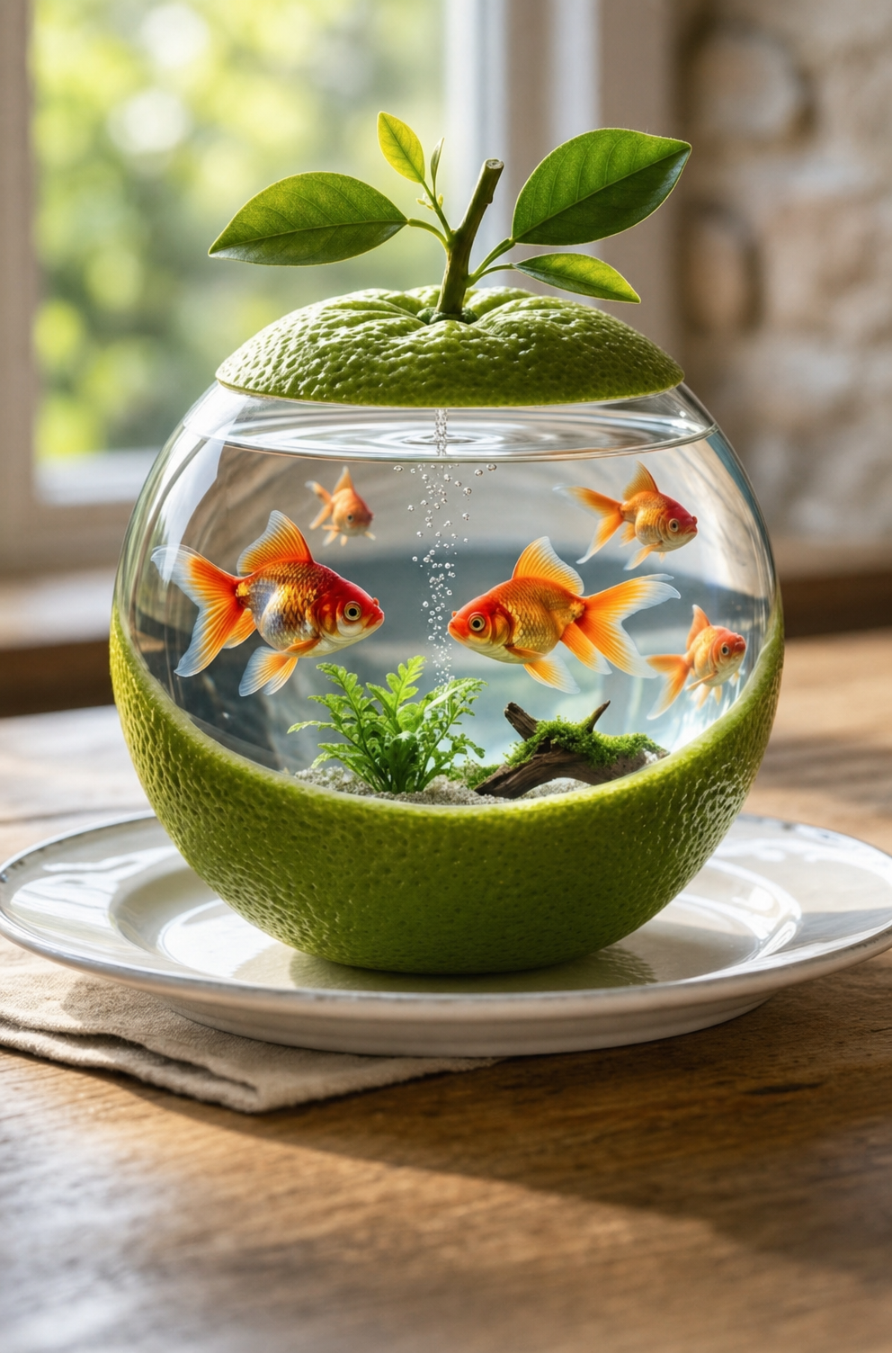 Green Orange Aquarium With Goldfish