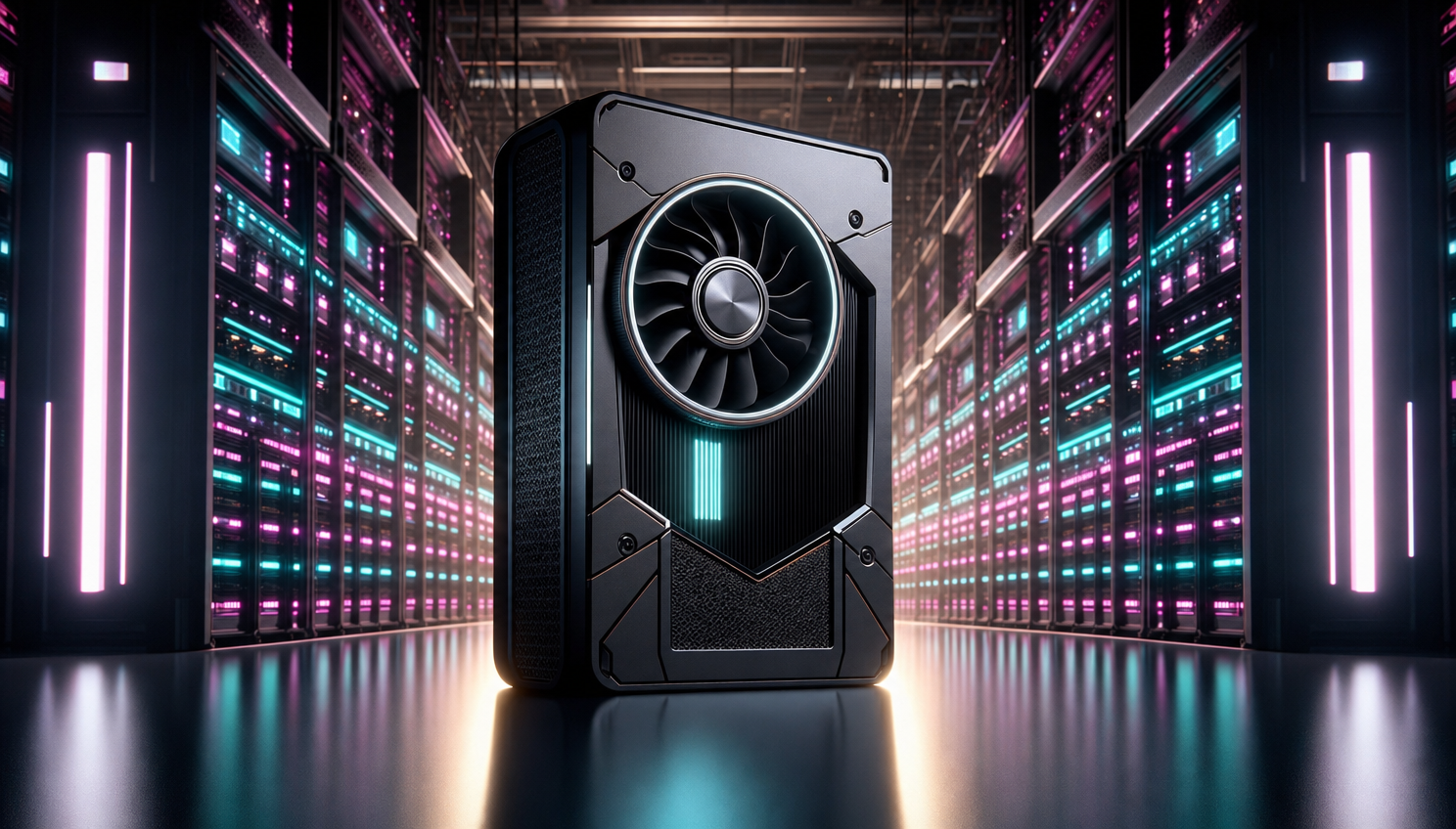 Gunmetal GPU in neon server hall