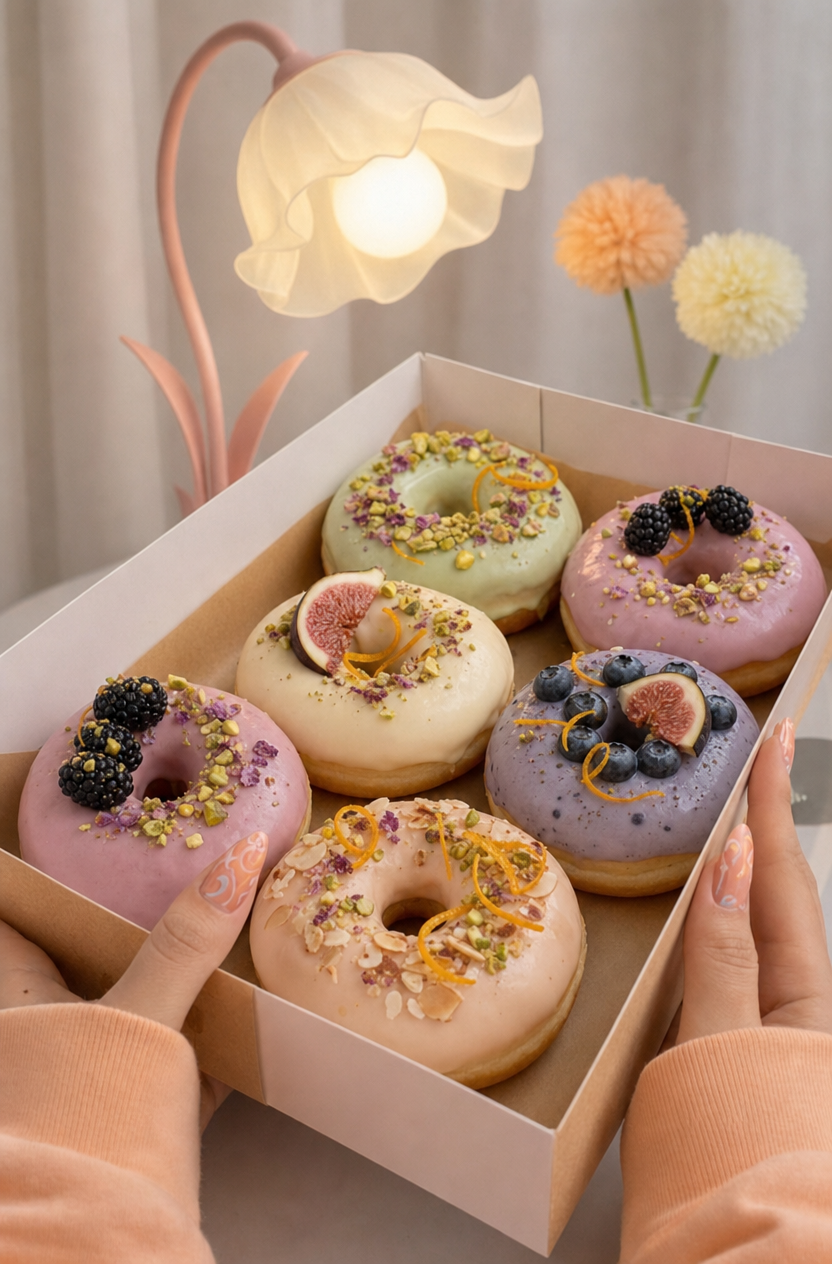 Hand-held box of pastel berry donuts