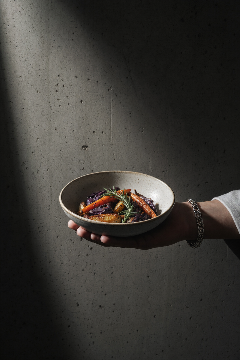 Hand holding roasted autumn vegetables elegantly