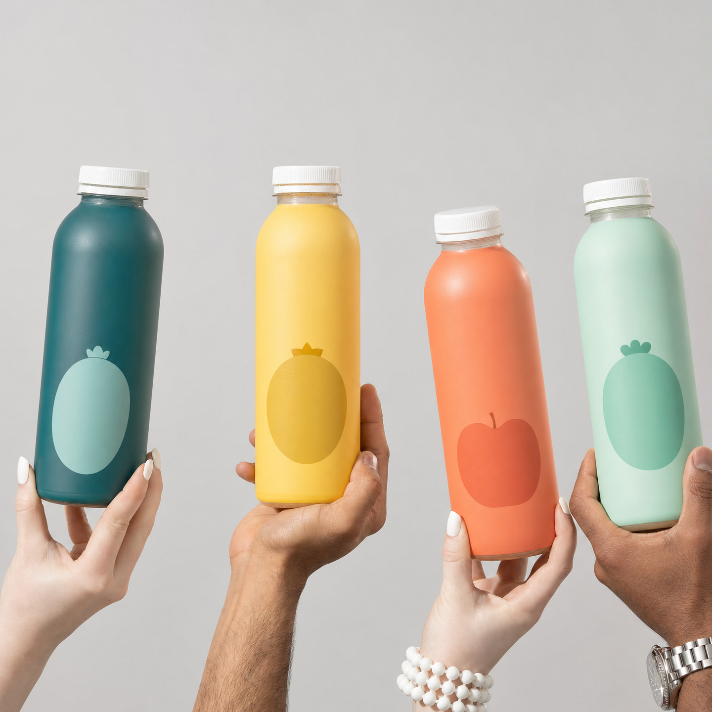 Hands Holding Colorful Juice Bottles