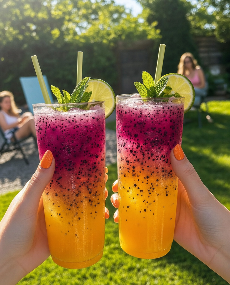 Hands Holding Magenta and Citrus Cocktails