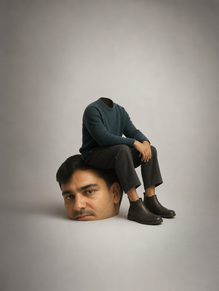 Headless sitter atop a giant head