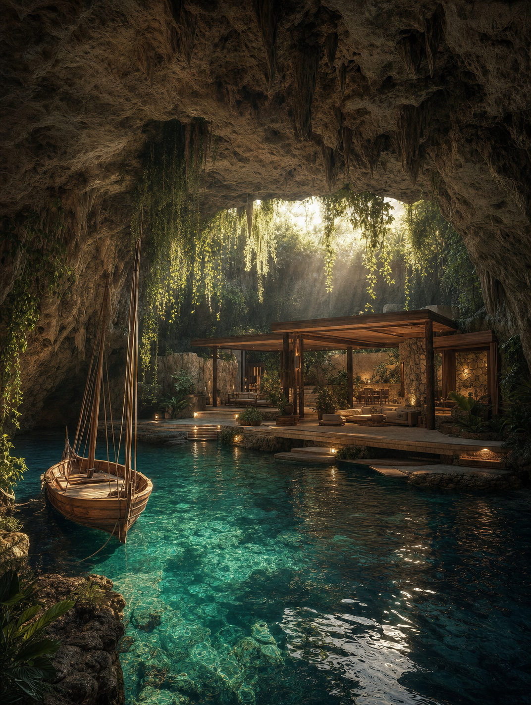 Hidden cave resort with teal lagoon and sailboat