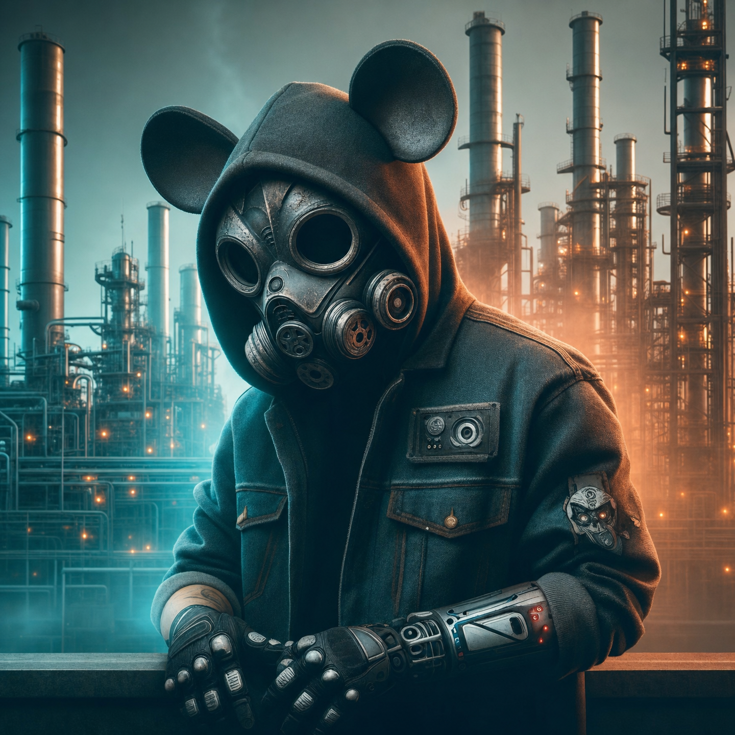 Hooded gas-mask figure at refinery
