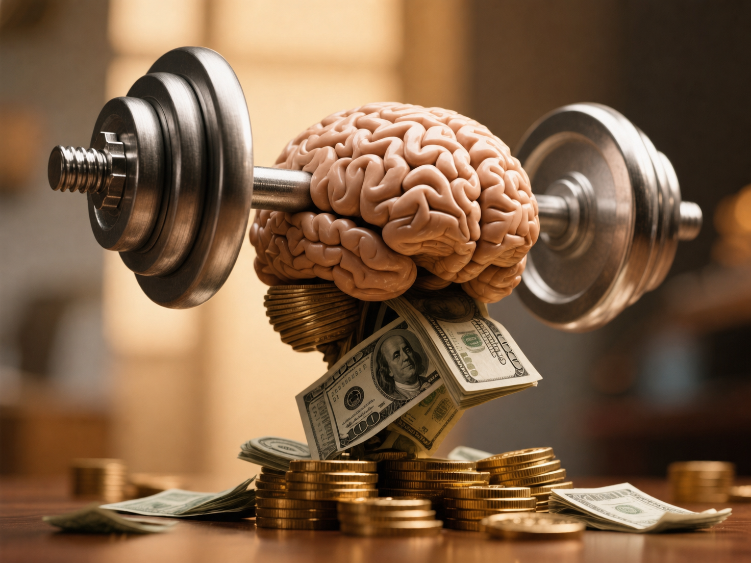 Human brain in brushed-steel chrome dumbbell with coins