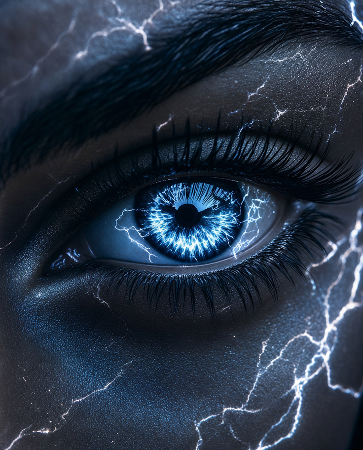 Human eye with electric-blue glowing iris