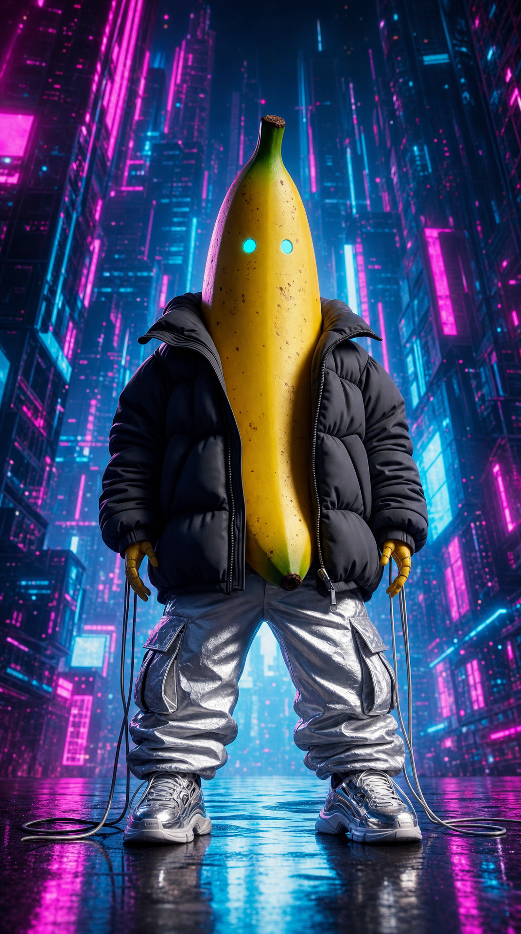 Humanoid banana in black puffer with silver pants