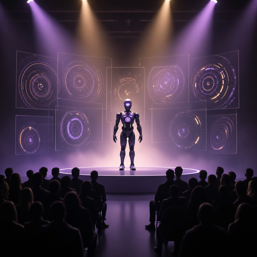 Humanoid Robot Under Violet and Amber Spotlights