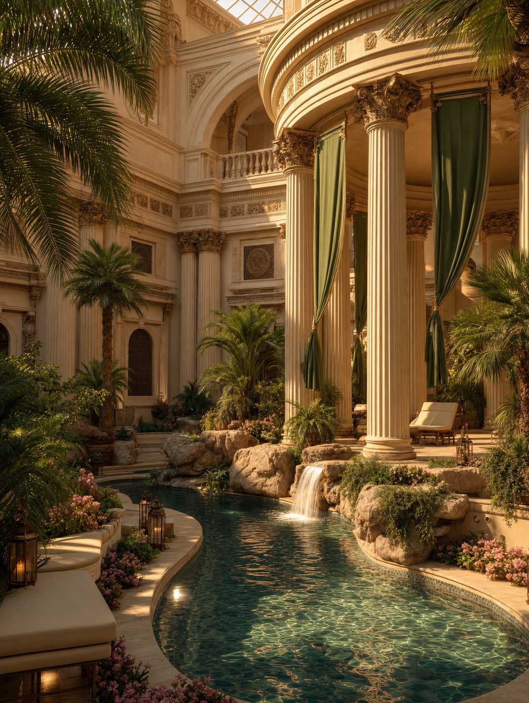 Indoor Courtyard with Teal Pool and Green Drapes