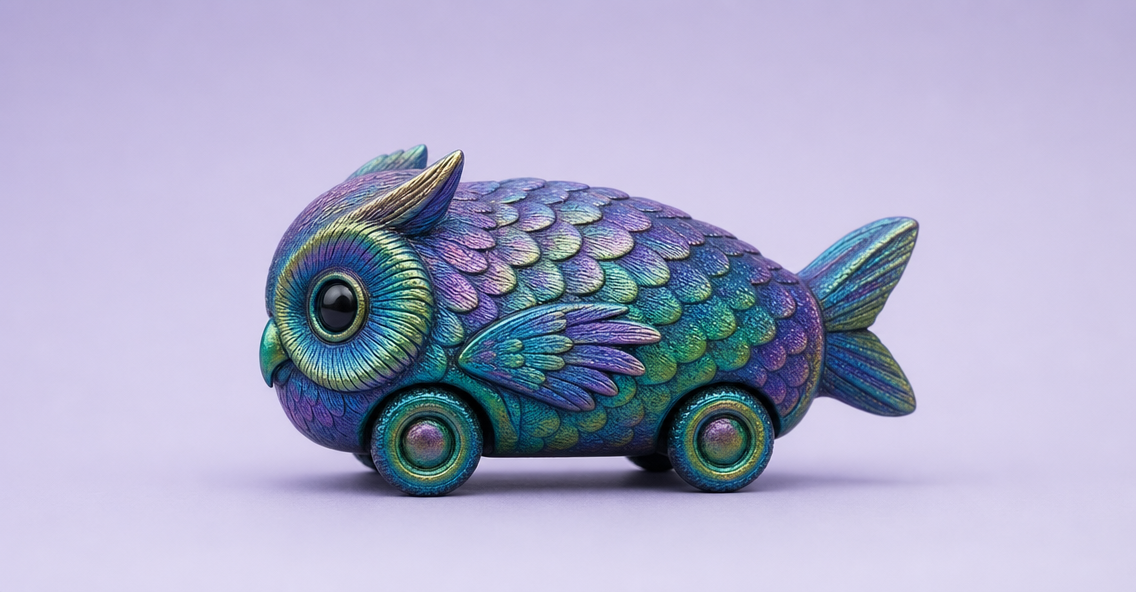 Iridescent owl-fish toy car product shot