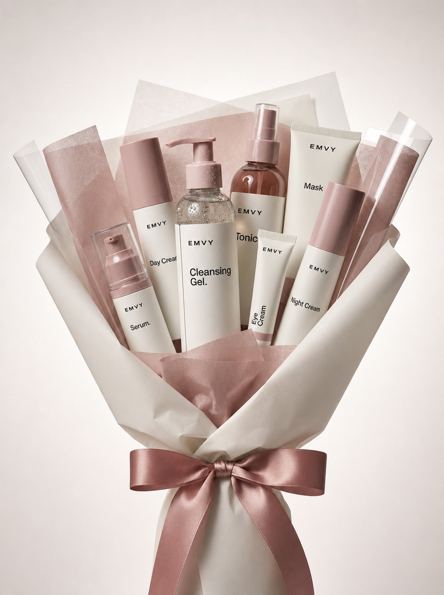 Ivory-and-rose cosmetic product bouquet