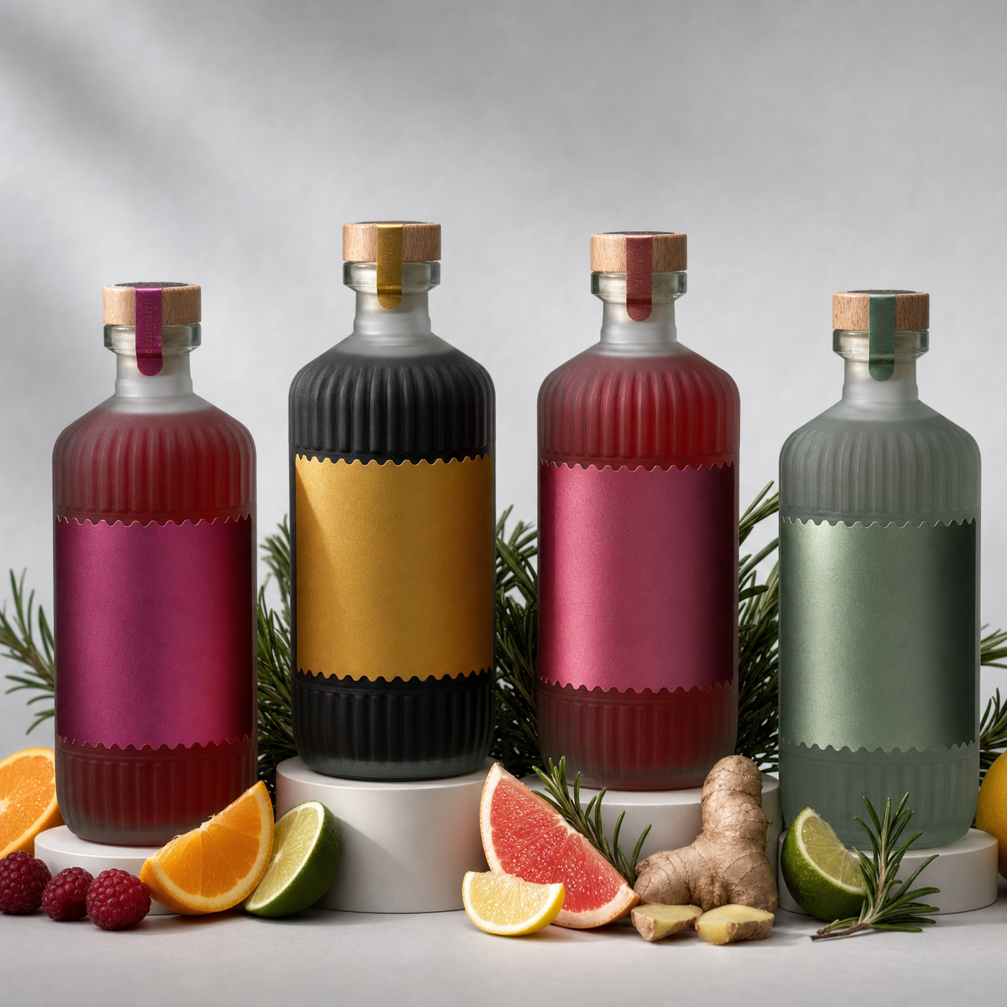 Jewel-toned beverage bottles on pedestals