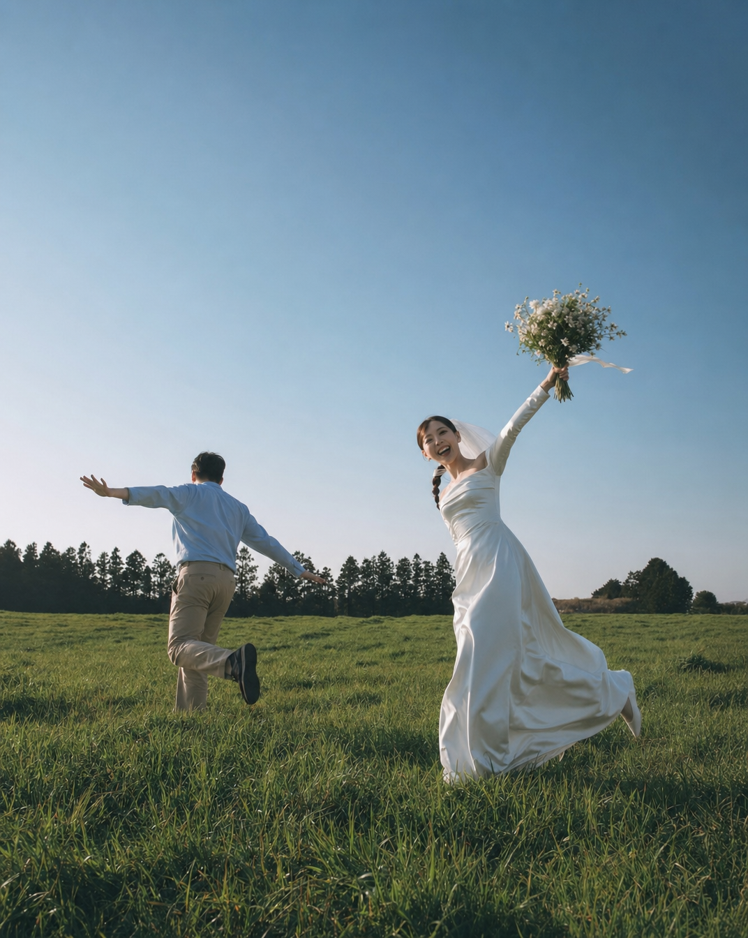Joyful couple running through a field