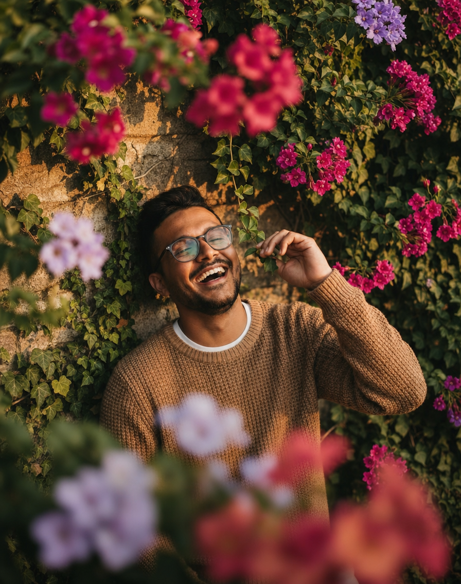 Joyful portrait by violet flowering wall