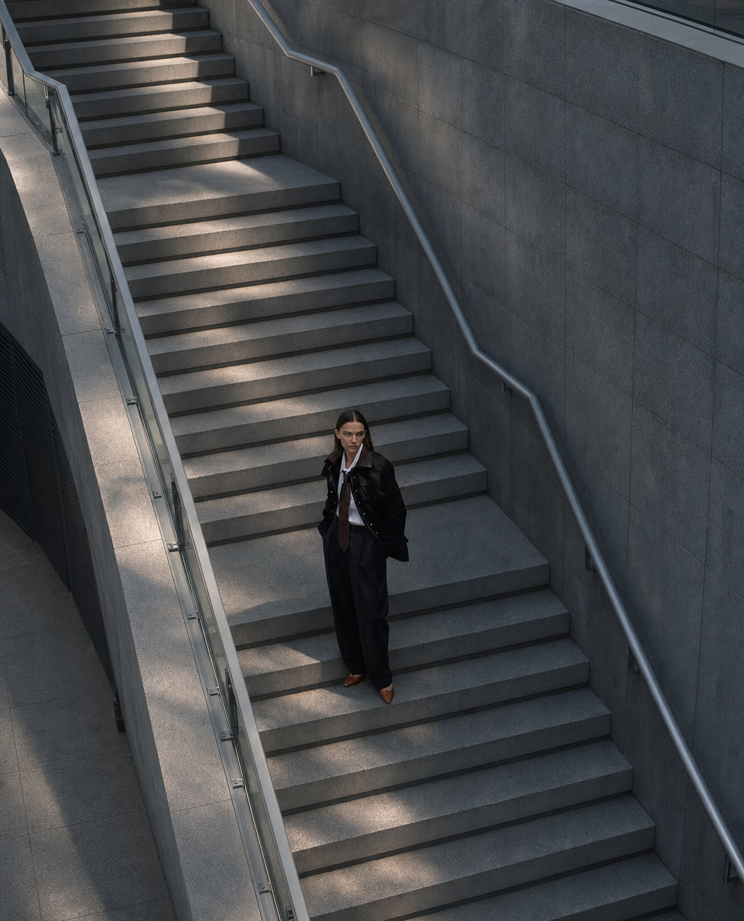 Late-afternoon minimal fashion staircase portrait