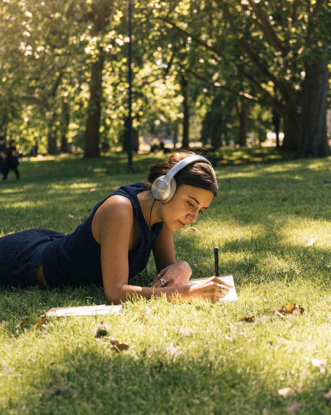 Late-afternoon park note-taking on grass