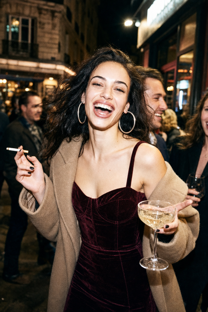 Laughing woman in burgundy velvet dress holding cocktail