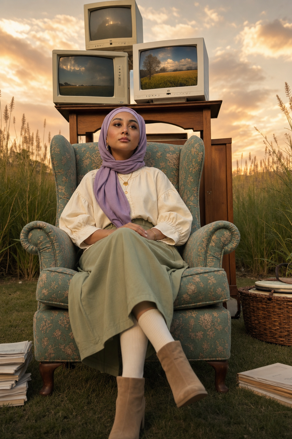 Lavender-Hijab Dream in Teal Armchair