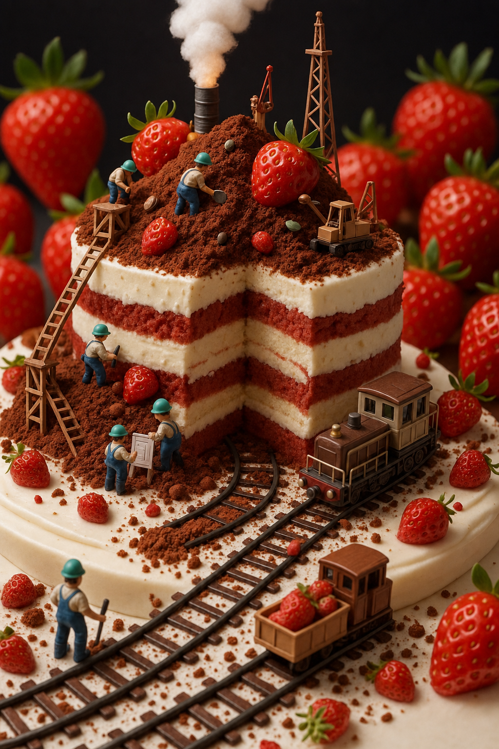 Layered Strawberry Cake With Teal Hard-Hat Workers