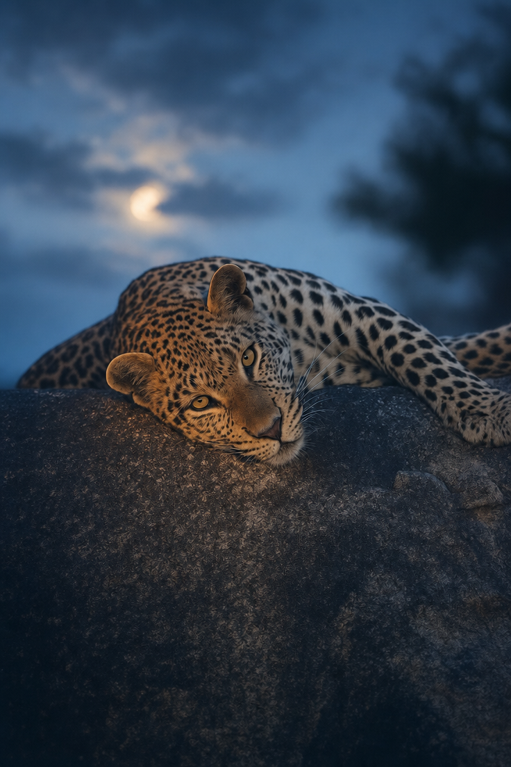 Leopard resting on rock in blue dusk light