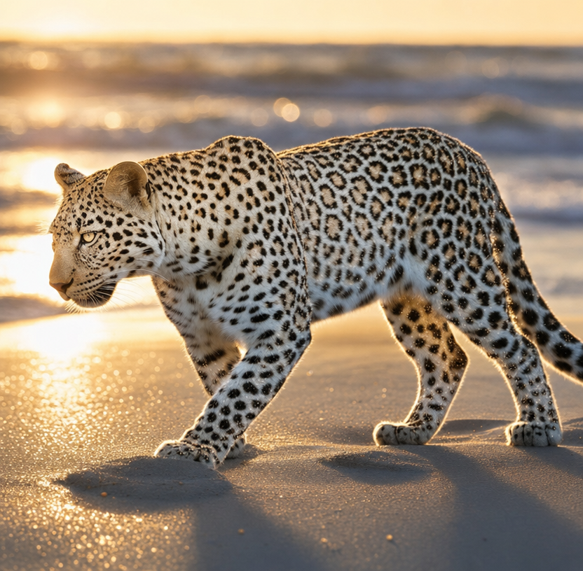 Leopard Trekking on Wet Shoreline
