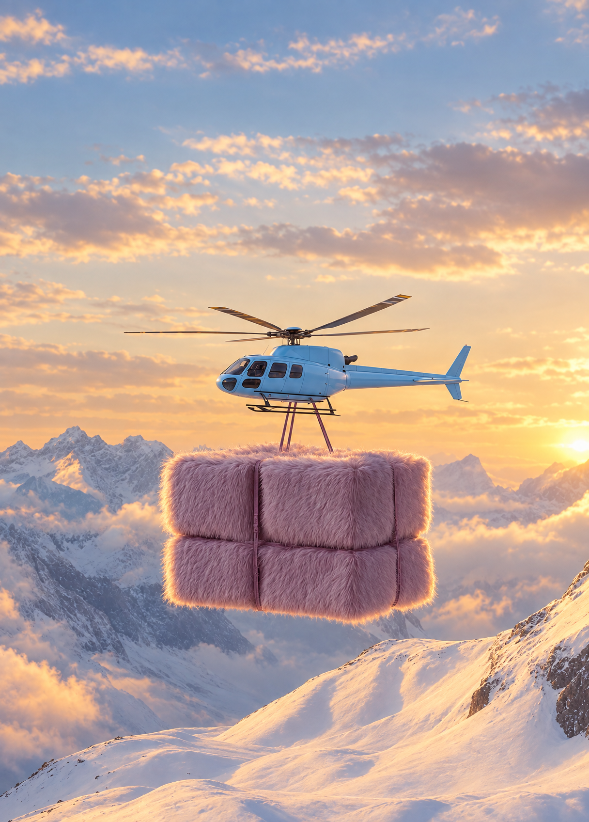 Light-blue helicopter over mauve fluffy cargo cube