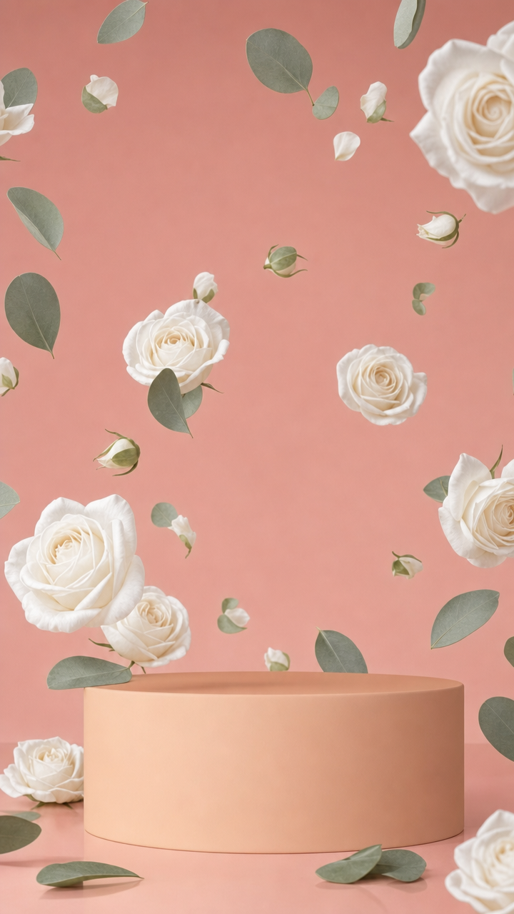 Light peach podium with white roses