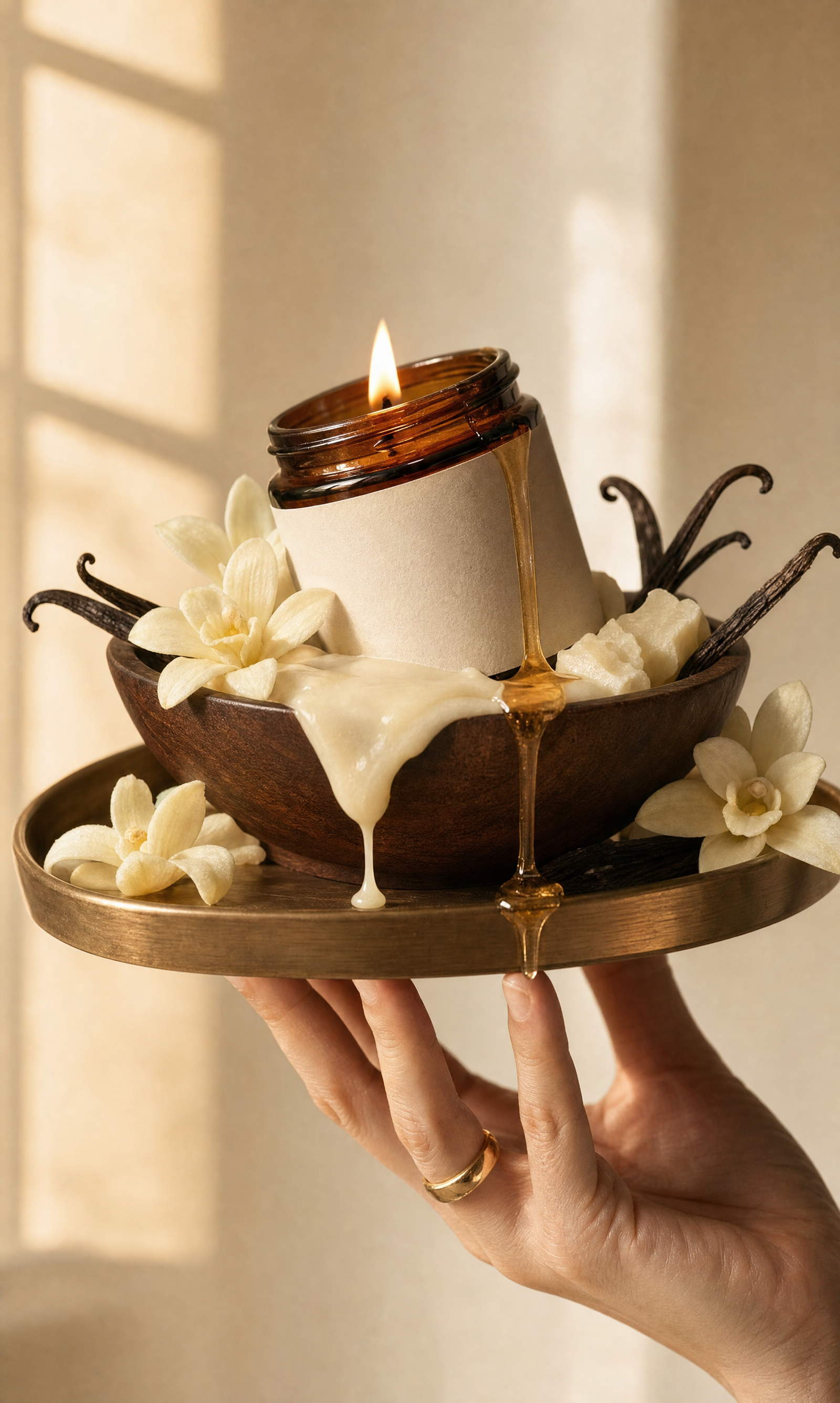 Lit Vanilla Candle on Bronze Tray