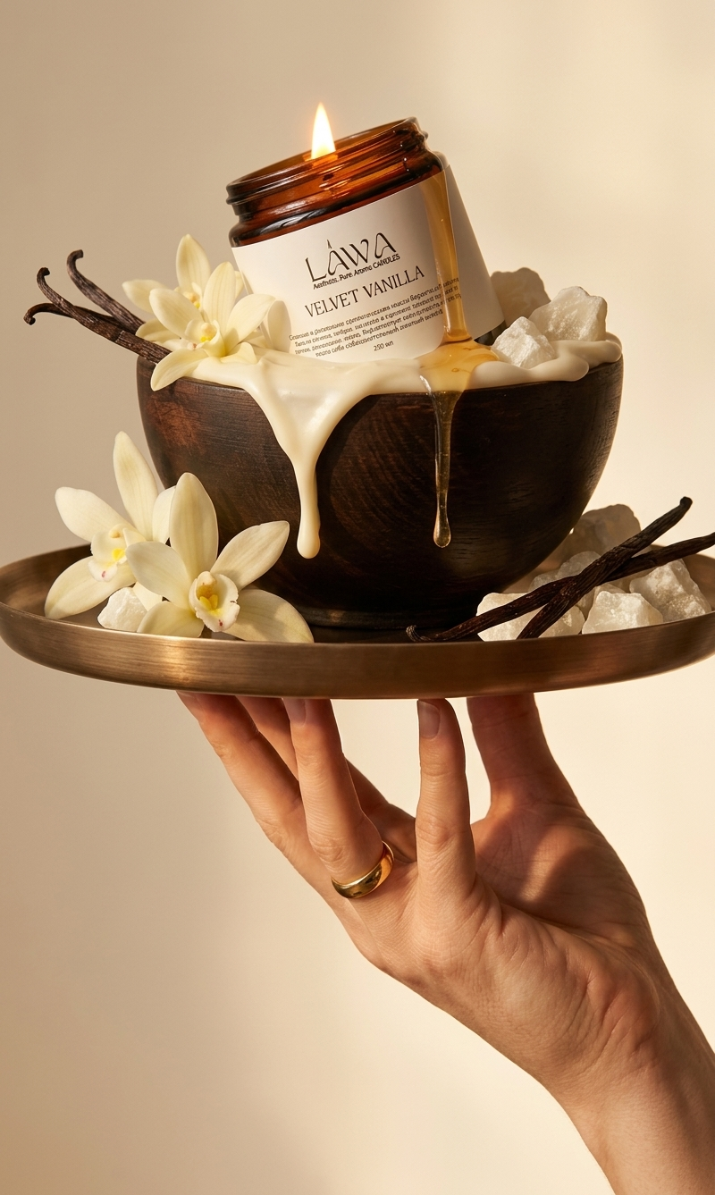 Lit Vanilla Candle on Bronze Tray