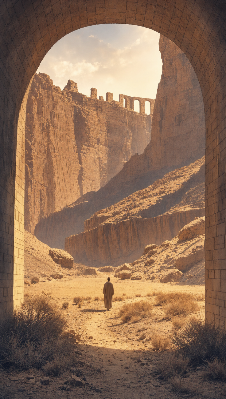 Traveler Views Desert Through Ancient Stone Archway