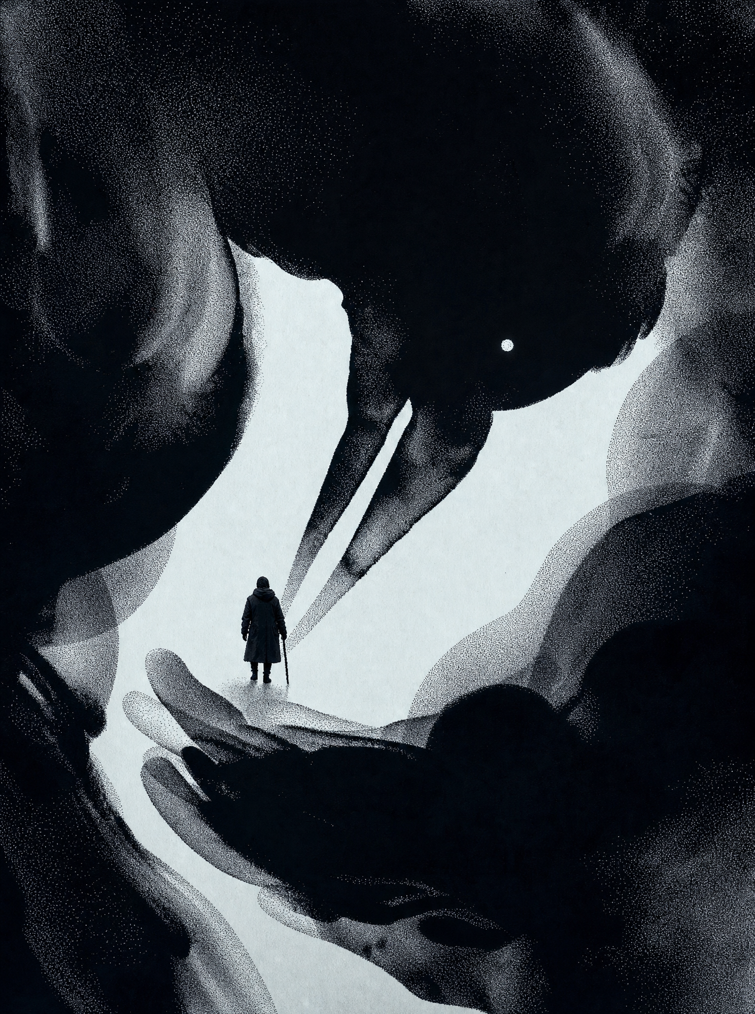 Lone Hooded Man in Ink Cavern
