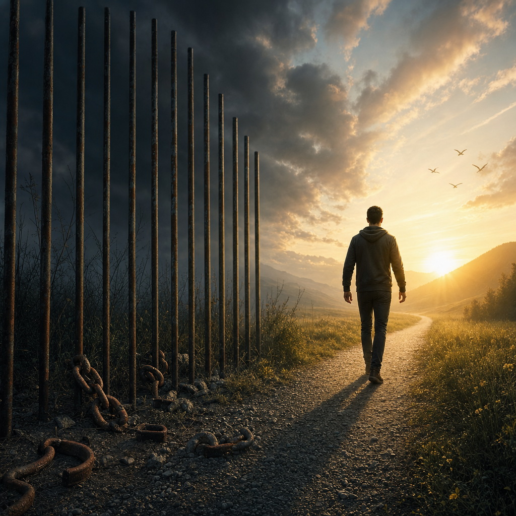 Lone Man in Dark Bars Path Toward Sunrise