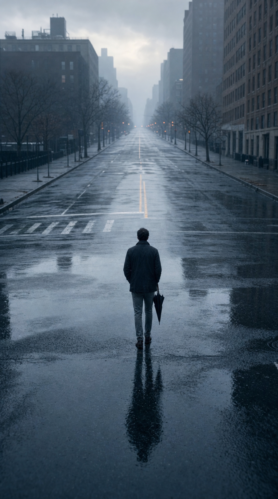 Lone person with folded umbrella in rainy city