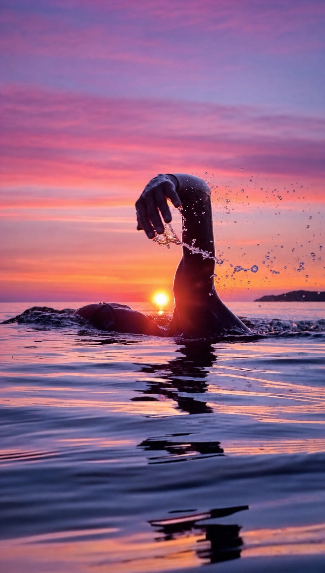 Lone swimmer with raised arm, magenta sunset glow