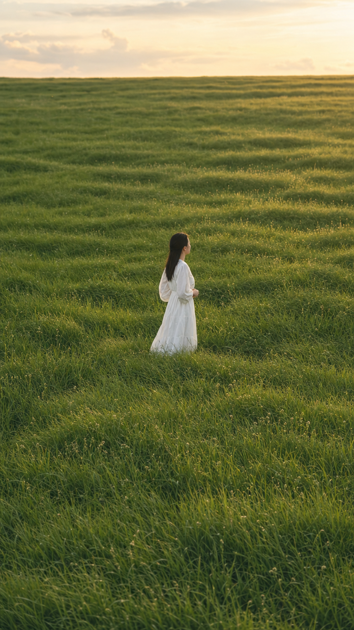 Lone Woman in Flowing White Dress at Golden Hour