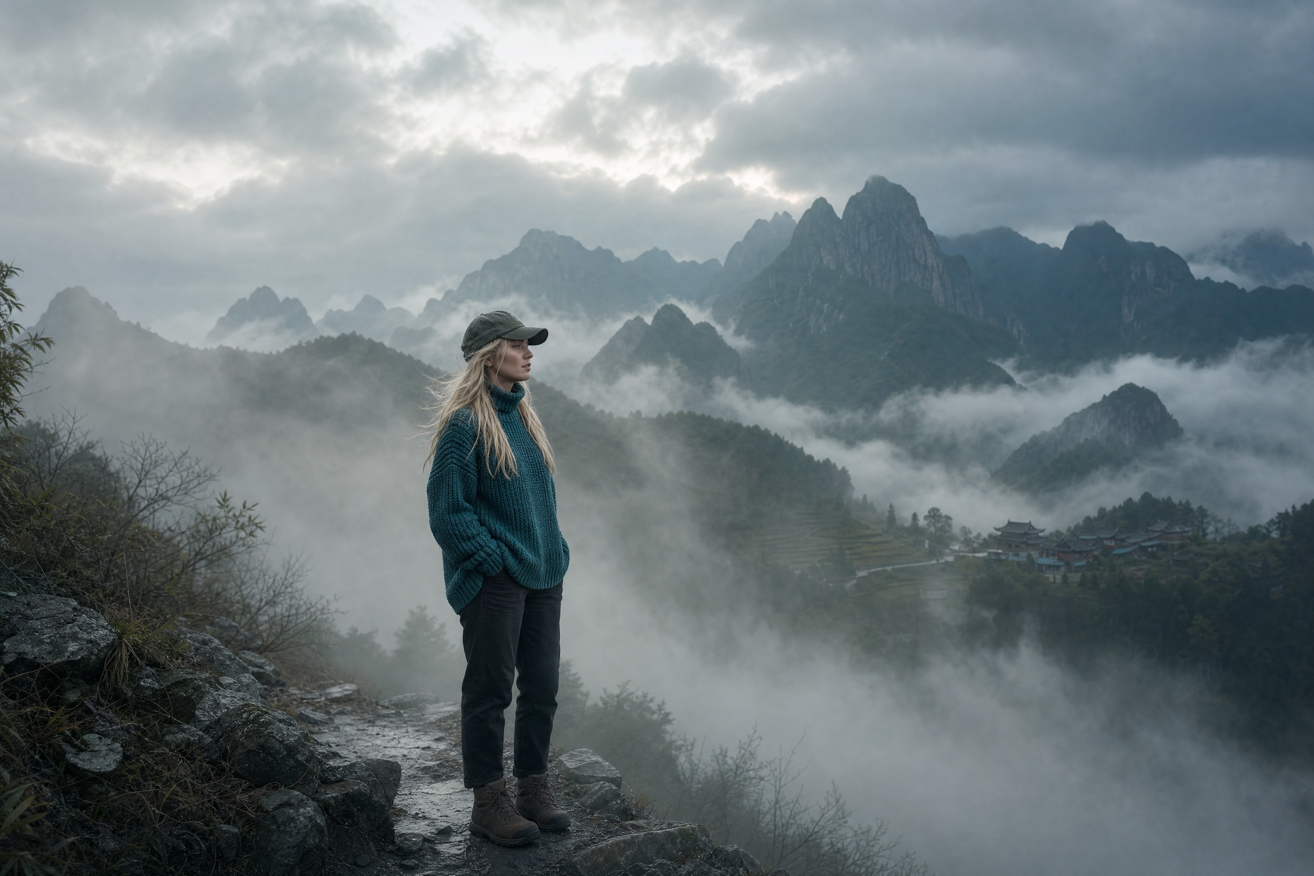 Lone woman in teal sweater on misty cliff
