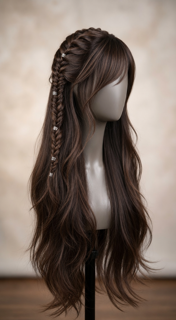 Layered Brown Wig with Silver-Trimmed Fishtail Braid