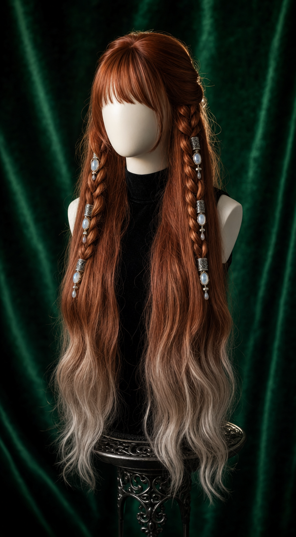 Copper-Red Wig with Moonstone Braid Ornaments