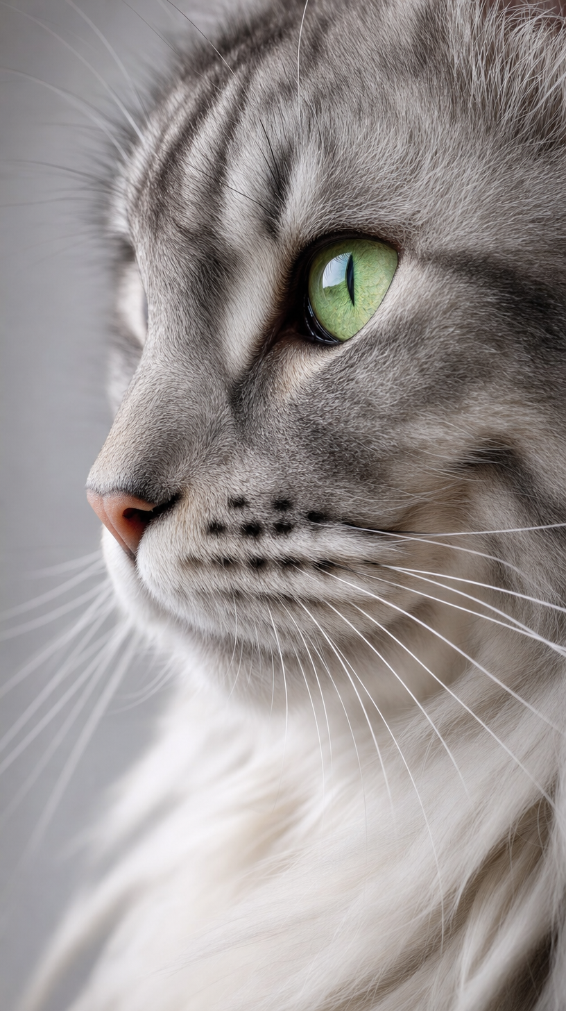 Long-haired gray tabby cat with green eyes